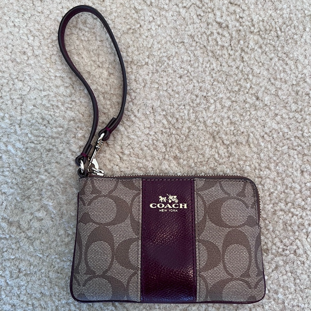 Coach Signature Jacquard Wristlet, Maroon and Tan, Like Brand New